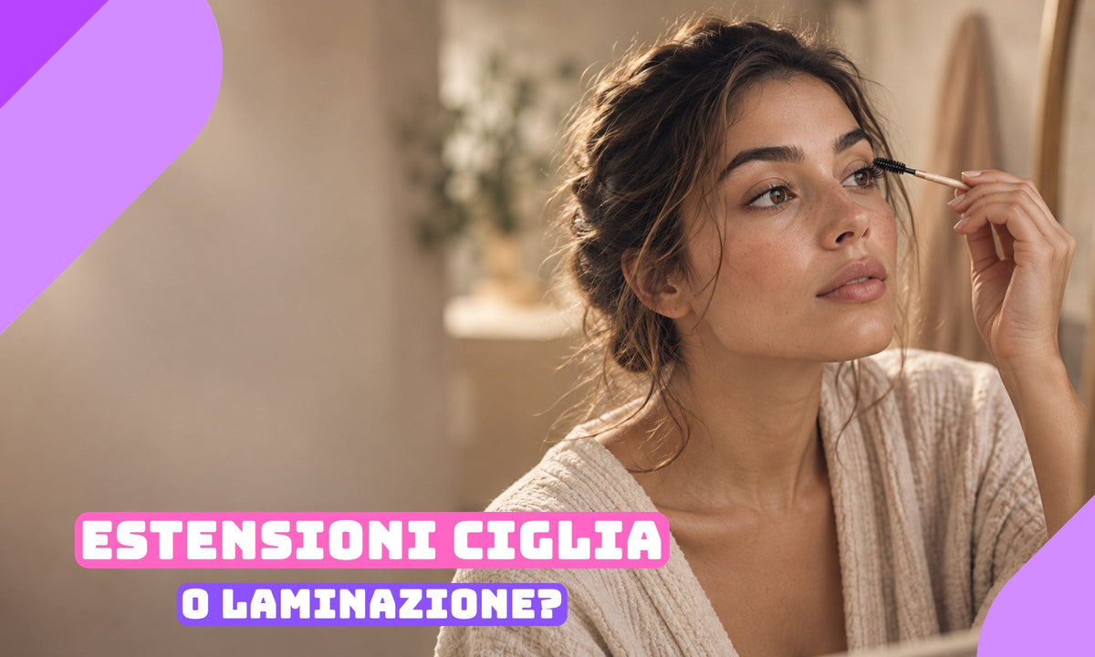 Ragazza che si pettina le ciglia con lo scovolino davanti allo specchio, alla luce calda