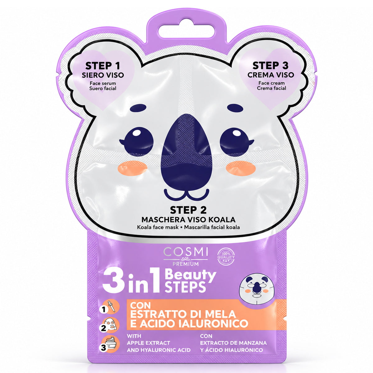 Maschera Viso Cosmi 3in1 Beauty Steps Koala Acido Ialuronico