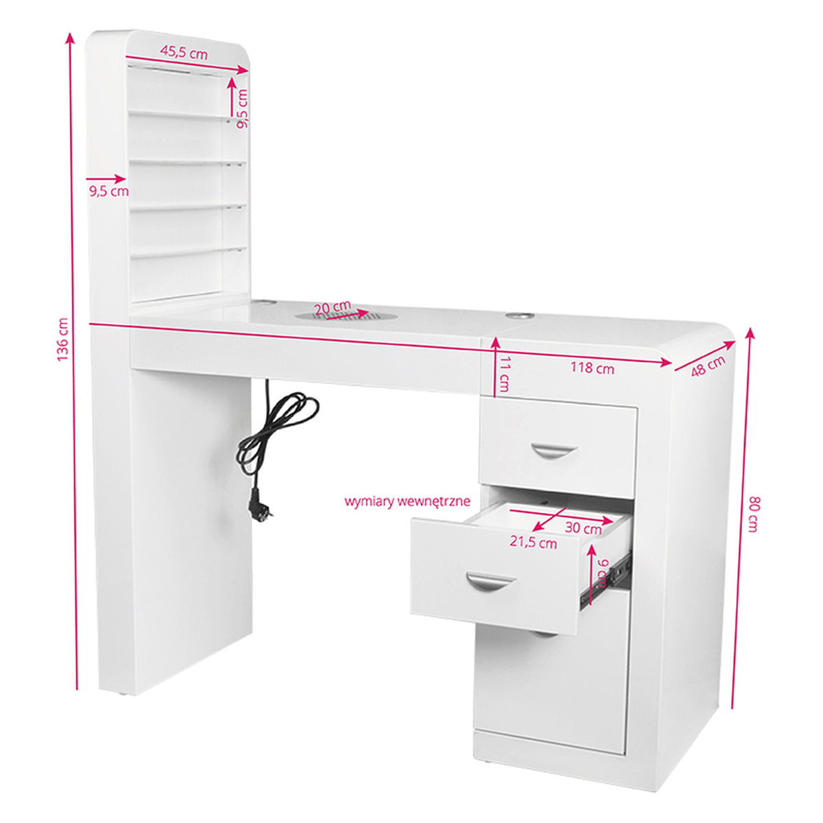 Tavolino Manicure 310 con Aspiratore e Cassettiera Destra - Bianco